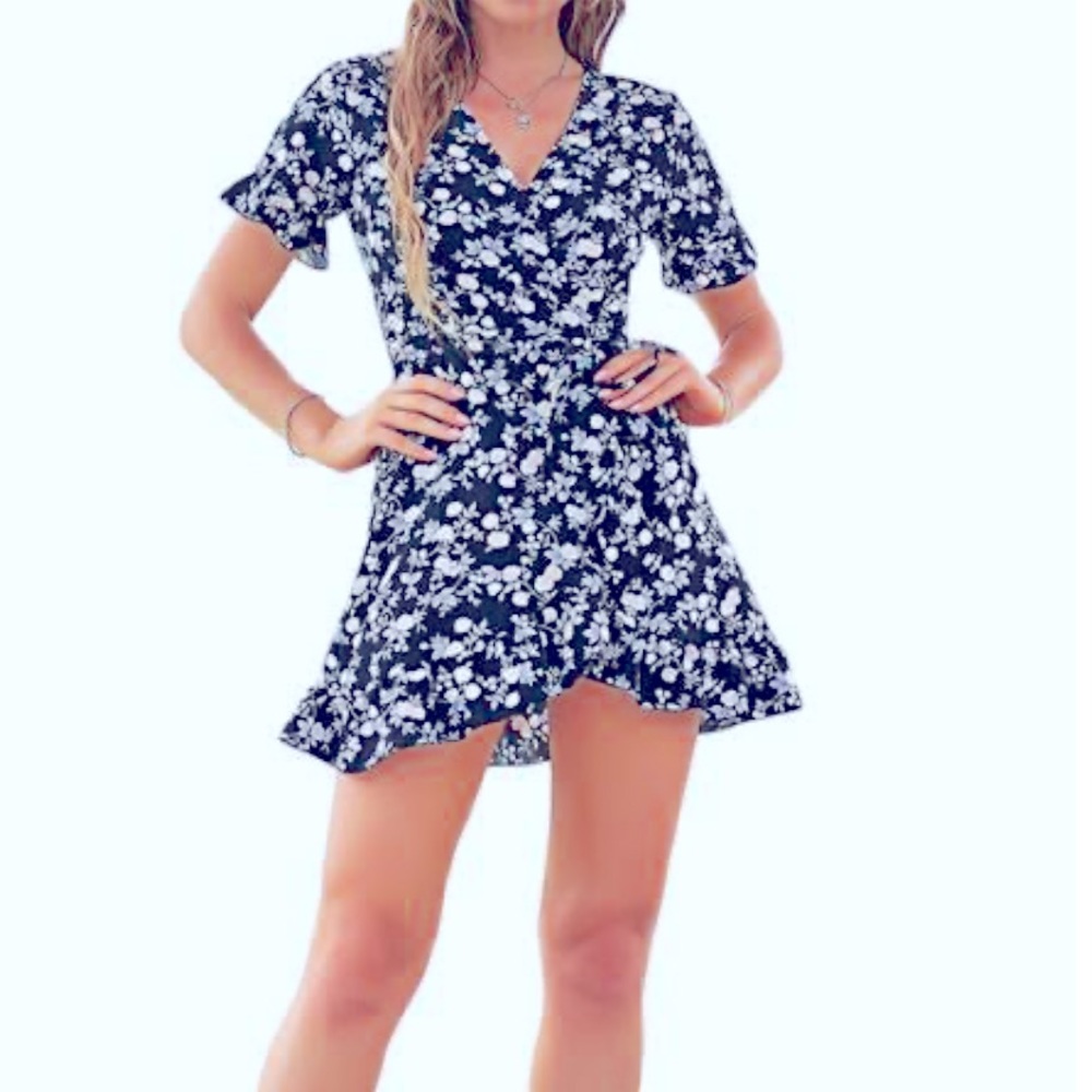 Floral Print Mini Dress Short Sleeve Strappy Back Blue White XS Aero